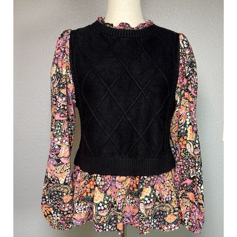 Fate womens feminine preppy collegiate floral sweater vest shirt sz S retail $97